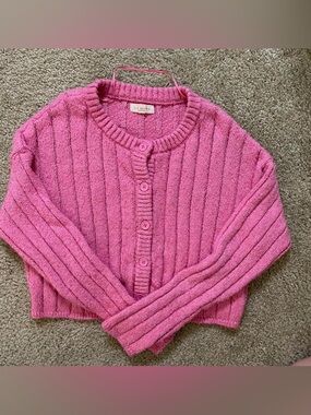 PacSun Pink Ribbed Button-Up Cropped Cardigan